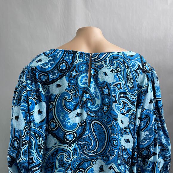 Talbots Plus Top Women 2X Blue Floral Print Popover Blouse Puff Sleeve Viscose - Picture 5 of 10